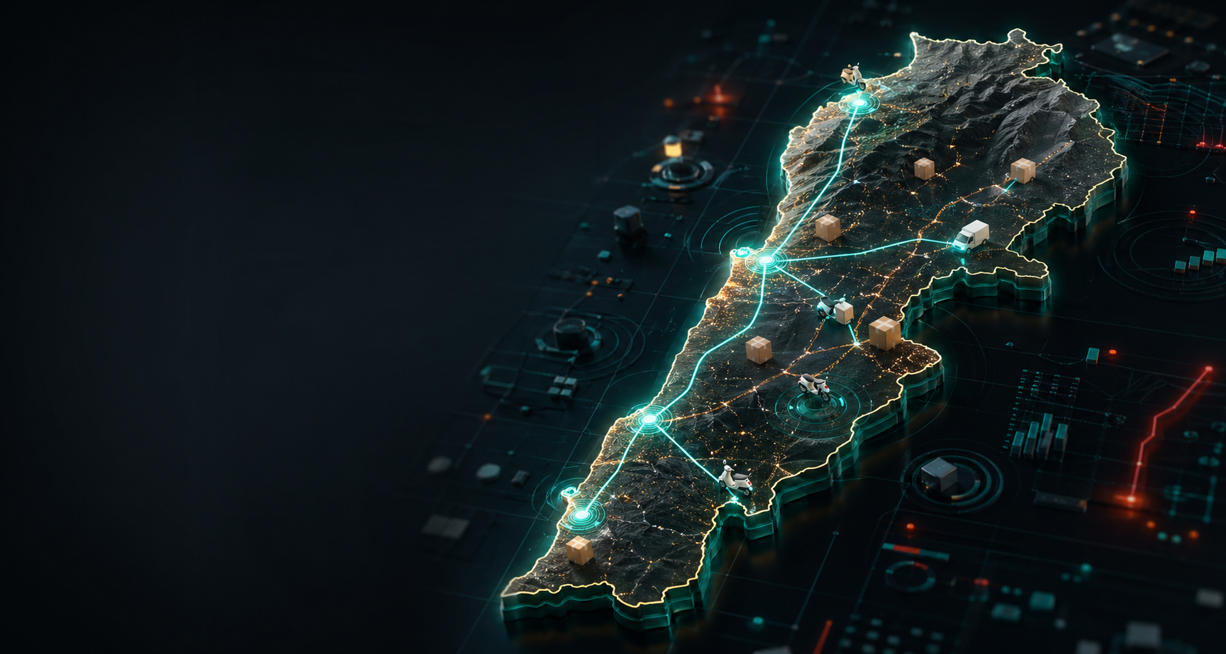 A logistics technology visualization built around the map of Lebanon